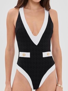 L'AGENCE lisa colorblock plunge one-piece swimsuit in black